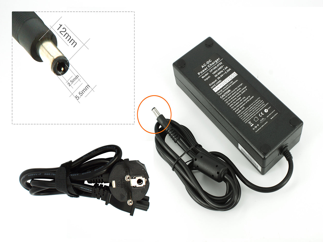 High-quality e-bike charger 24V 2.35A for batteries from Phylion (DC 5.5×2.5mm)