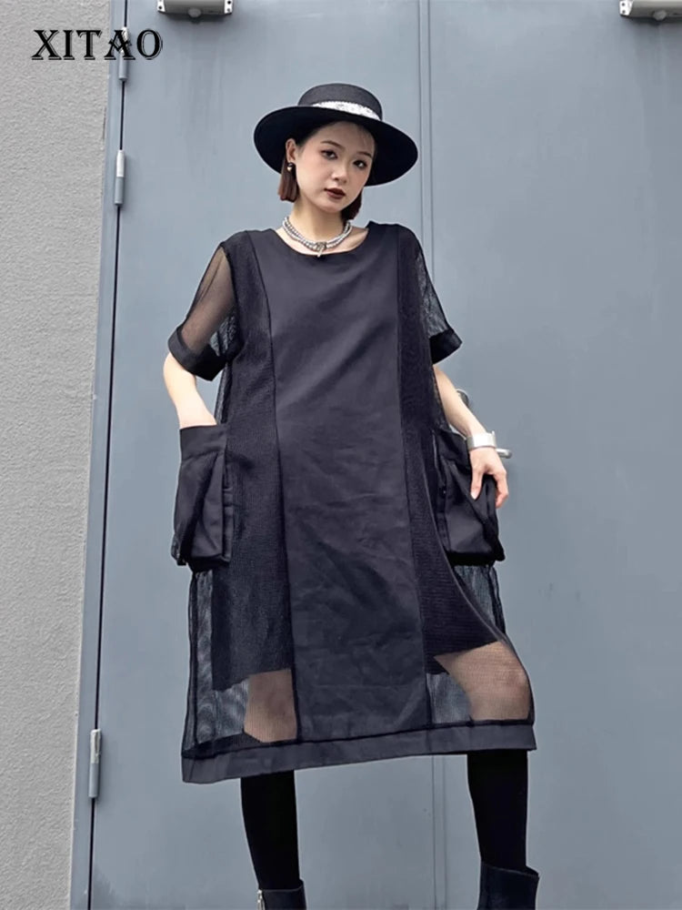 XITAO Gauze Patchwork Pocket O-neck Dresses Solid Color Short Sleeve Pullover Loose Fashion Dress 2024 Summer Slimming ZY8811