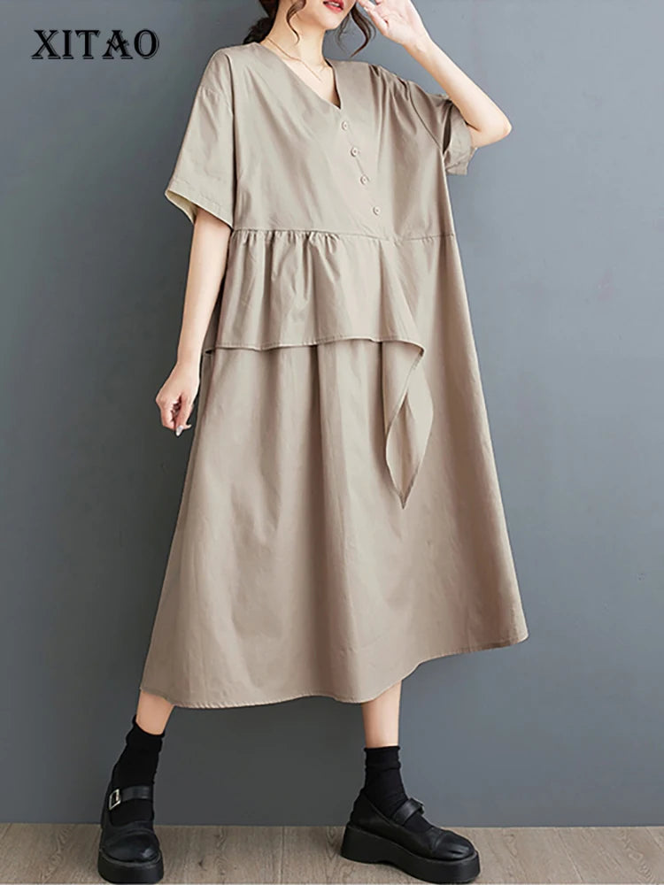 XITAO Flounced Edge Patchwork V-neck Dress Solid Color Short Sleeve Single Breasted Pullover Loose Dress 2024 Summer New ZY8812