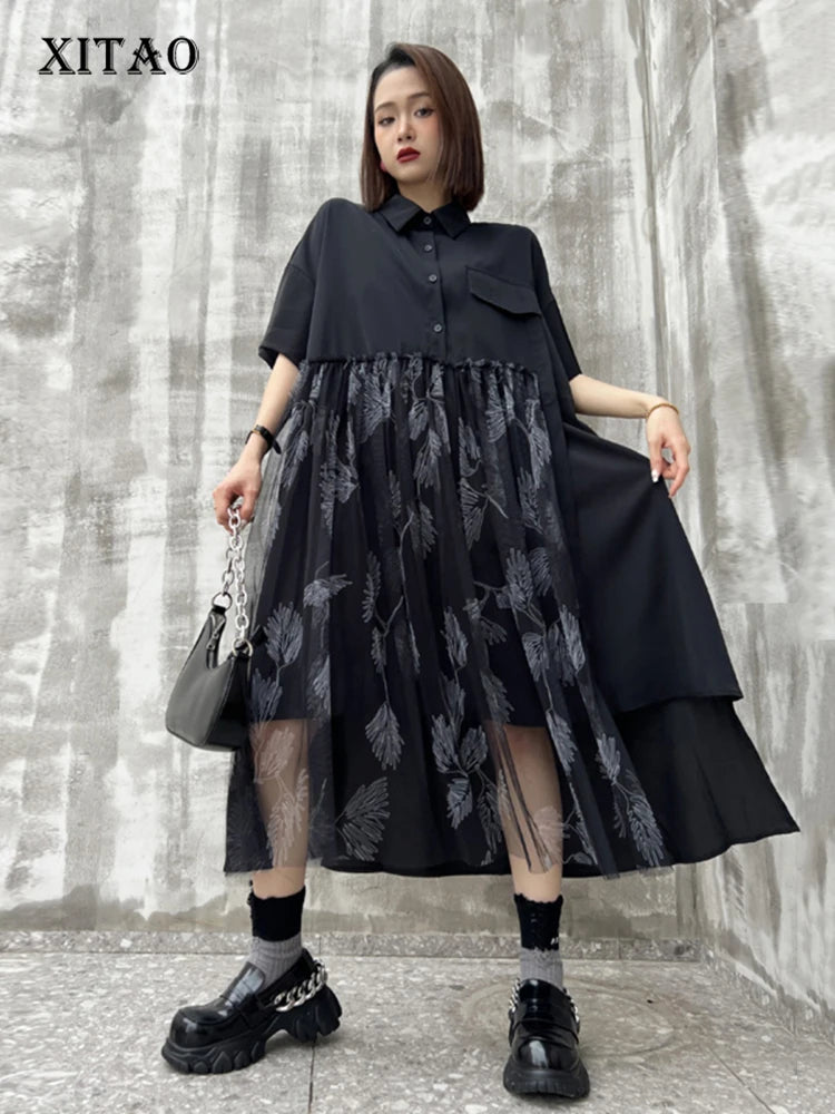 XITAO Gauze Patchwork Shirt Dress Asymmetrical Hem Black Fashion Loose Single Breasted Dress 2024 Summer New Women ZY8800