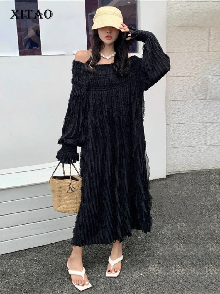 XITAO Mesh Black Dress Tassel Pullover Full Sleeve Off Shoulder Elegant Casual Style Loose 2024 Summer Fashion Dress SMH1916