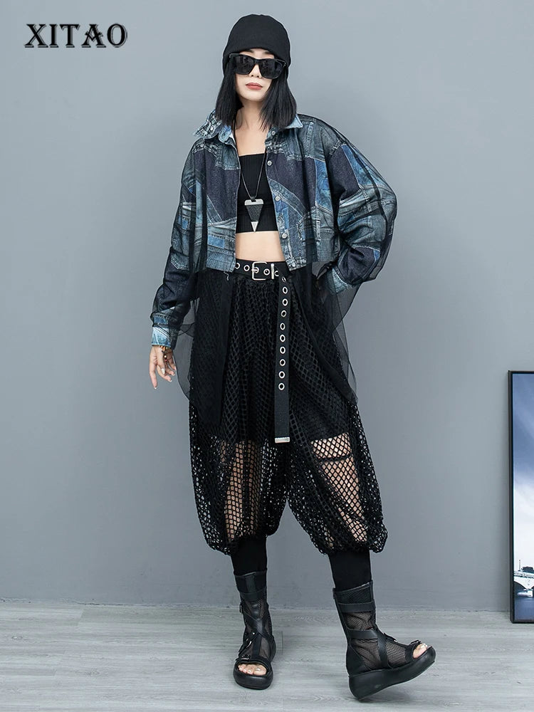 XITAO Denim Mesh Patchwork Female Pants Sets Fashion Personality Shirt Cross-pants Two Pieces Sets Street Trendy Women HQQ2361