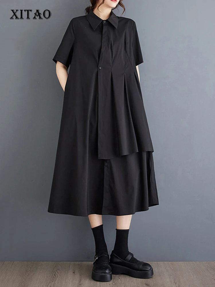 XITAO Asymmetrical Folds Patchwork Shirt Dress Black Fashion Loose Women Shirt Turn Down Collar Dress 2024 Summer New ZY8802