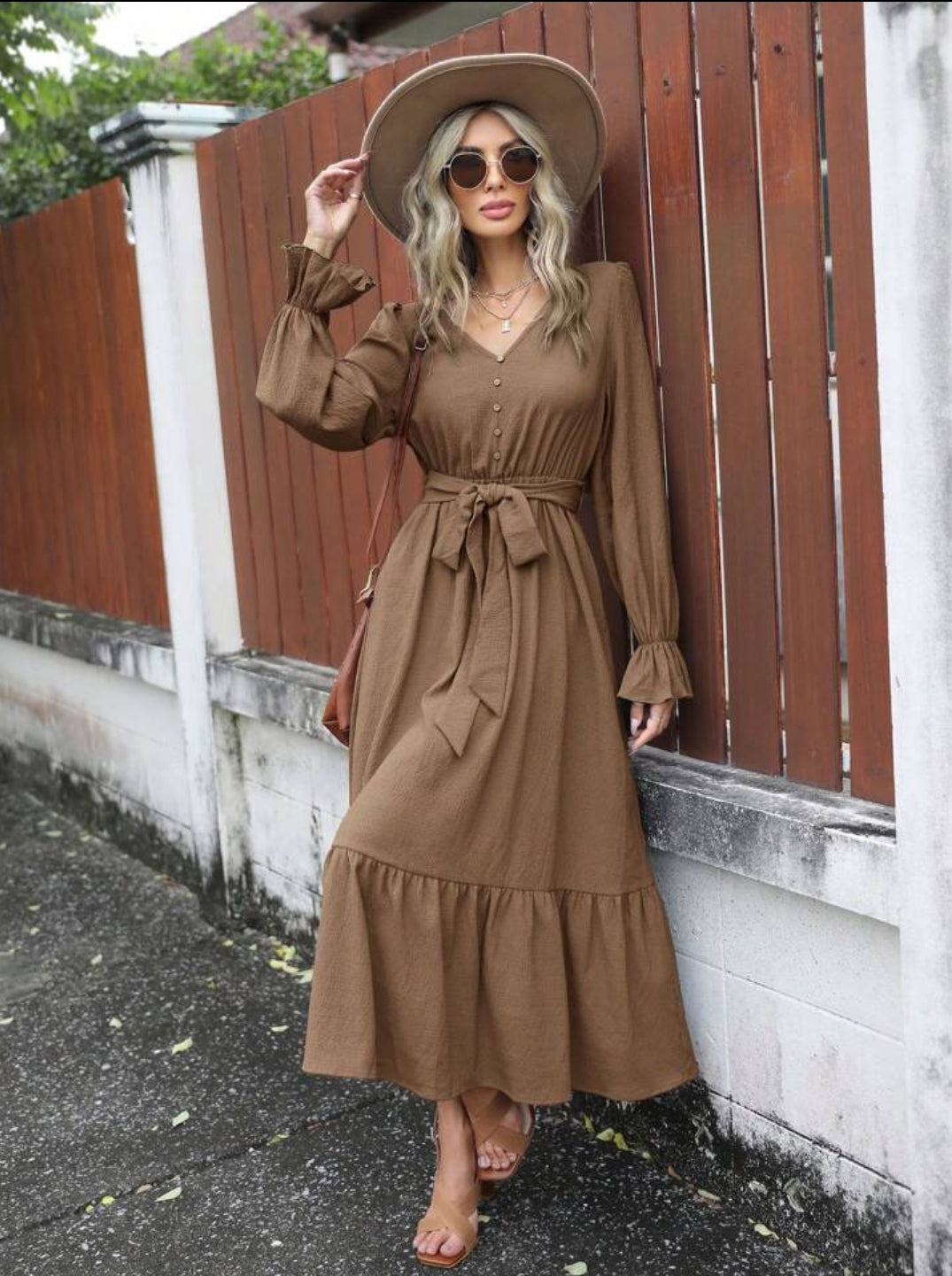 Flare Sleeve Hem Belted Dress