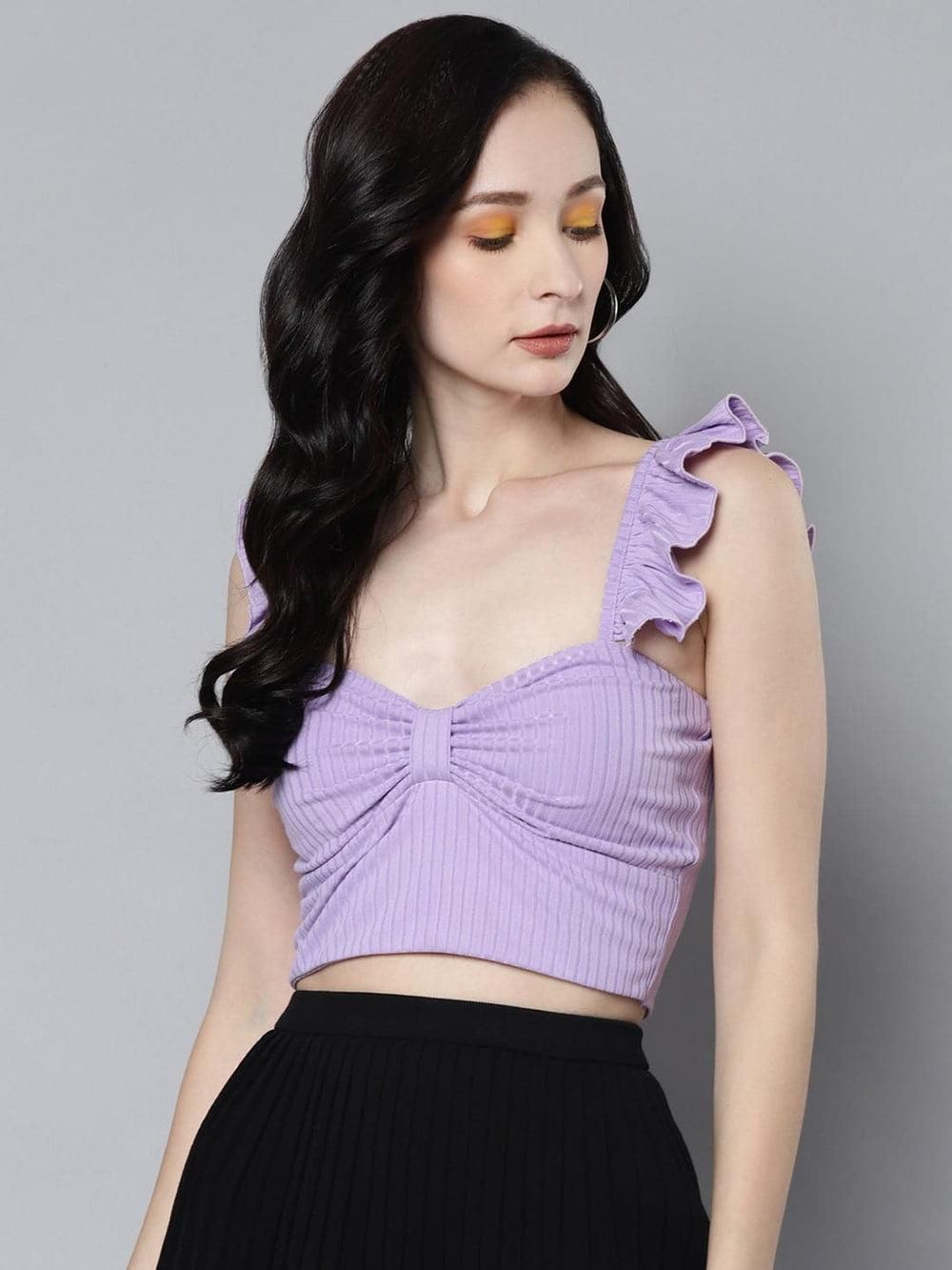 Belizzi Women's Solid Lavender Rib Sweetheart Neck Crop Top