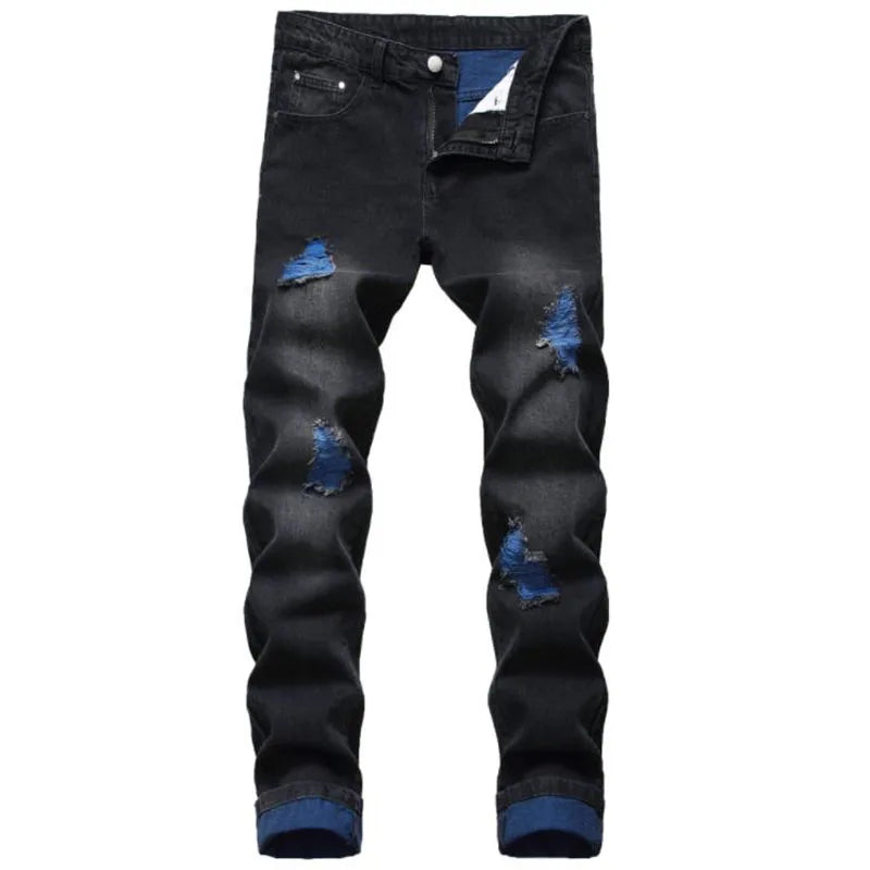2021 Men's Ripped Jeans Autumn Designer Slim Fit Black Blue Denim Pants Male Jeans Distressed Destroyed Trousers