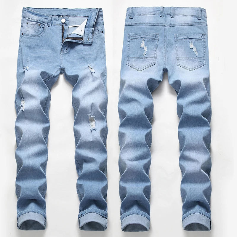 Men's Jeans Denim Hole Ruined Elastic Trend Slim Casual Trousers High Quality Fashion Pants Large Size
