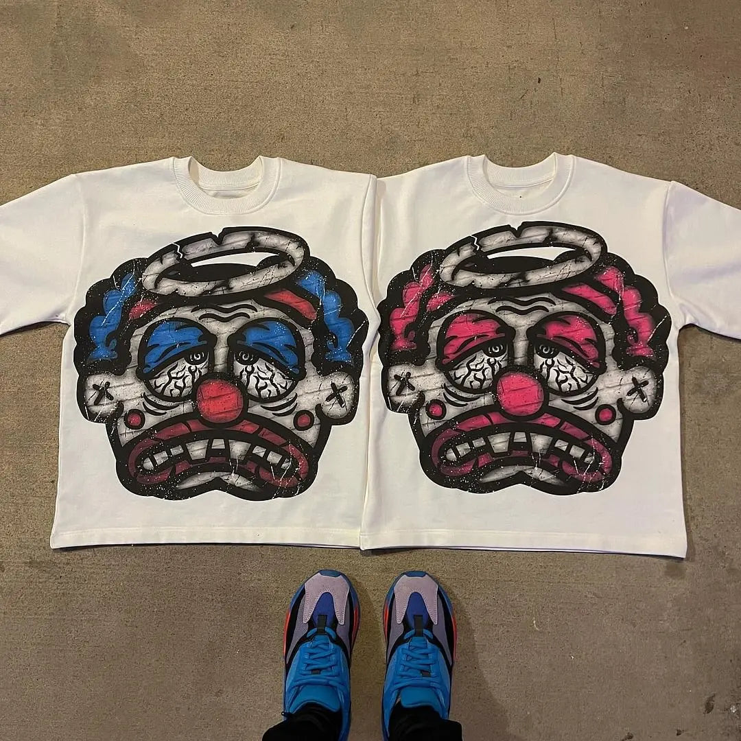 Streetwear T Shirt Hip Hop Cartoon Clown Graphic Print Oversized T Shirt Mens and Womens Retro Crew Neck Cotton Short Sleeve Top