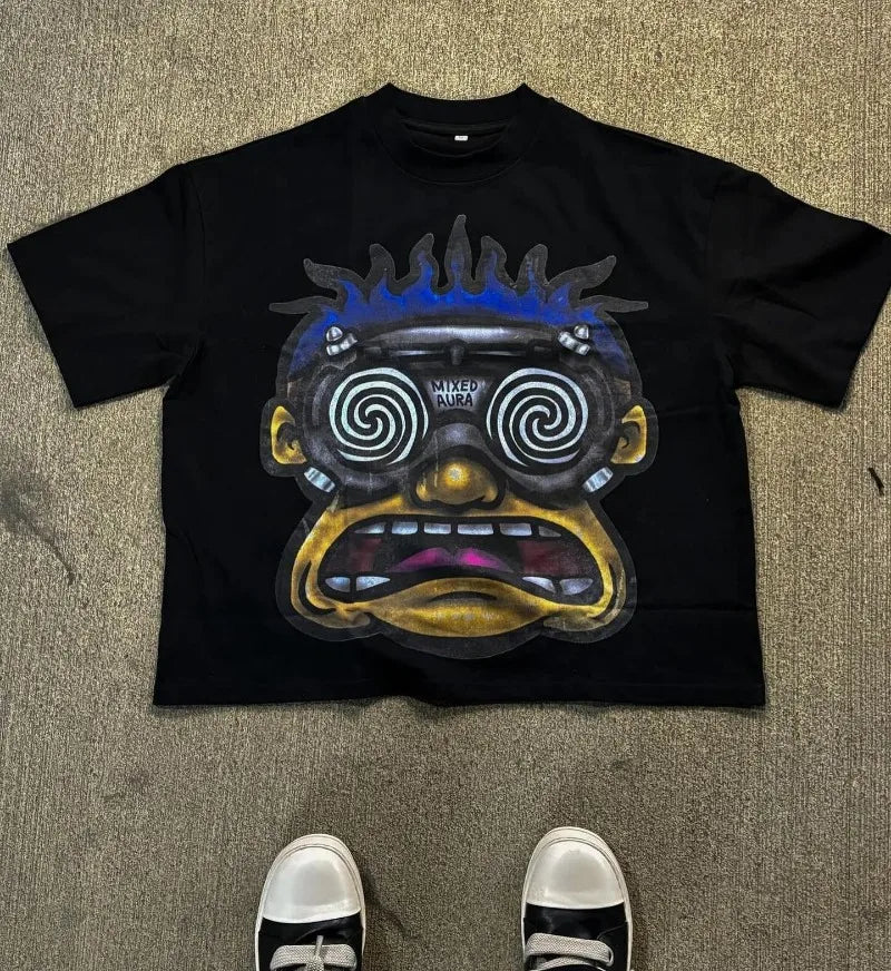 American Fashion Goth Big Head Cartoon Print Oversized T-Shirt Men's Y2K Street Hip-Hop Harajuku Loose Casual Couple Clothes