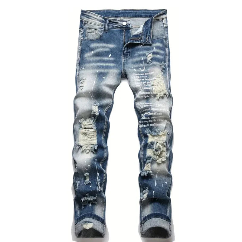 Men Y2k Stretchy Denim Jeans Ripped Skinny Letter Print Elastic Waist Casual Pants for Men Hole Slim Fit Streetwear Men Trousers