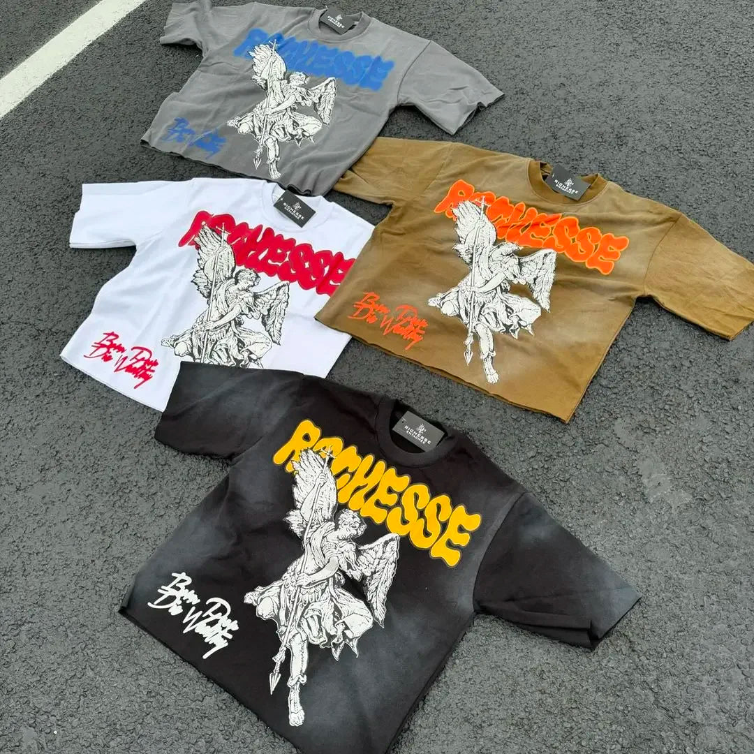 Harajuku y2k trendy American Gothic angel pattern pure cotton casual top men's design oversized loose couple summer T-shirt