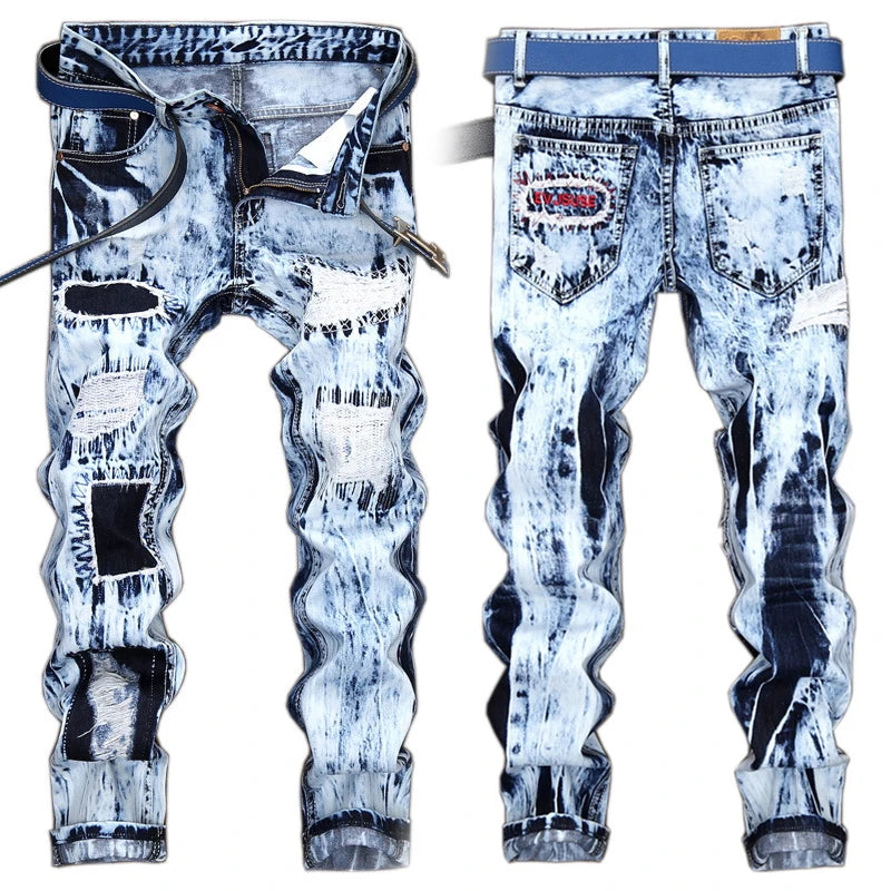 Patchwork Jeans Denim Straight Large Size Men's European and Tide Pants Light Color  American Embroidery Hole Stitching