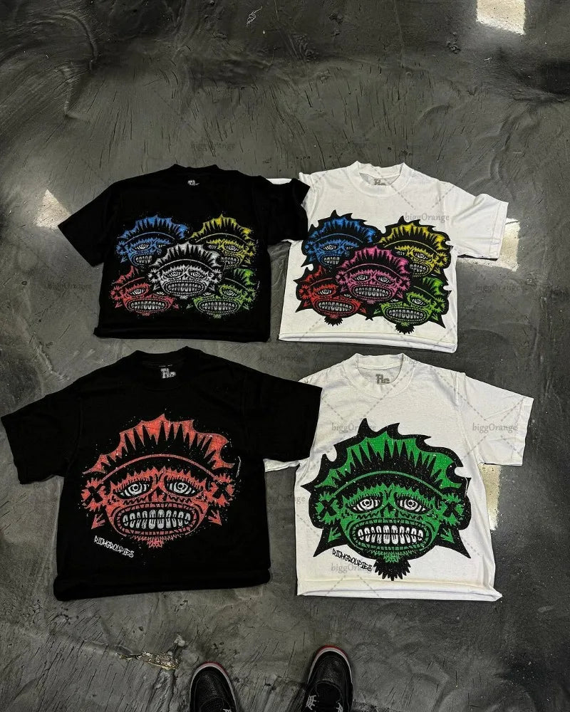 European and American New Street Clothing Letter Portrait Printed T-shirt Men Y2k Harajuku Fashion Oversized Short-sleeved Women