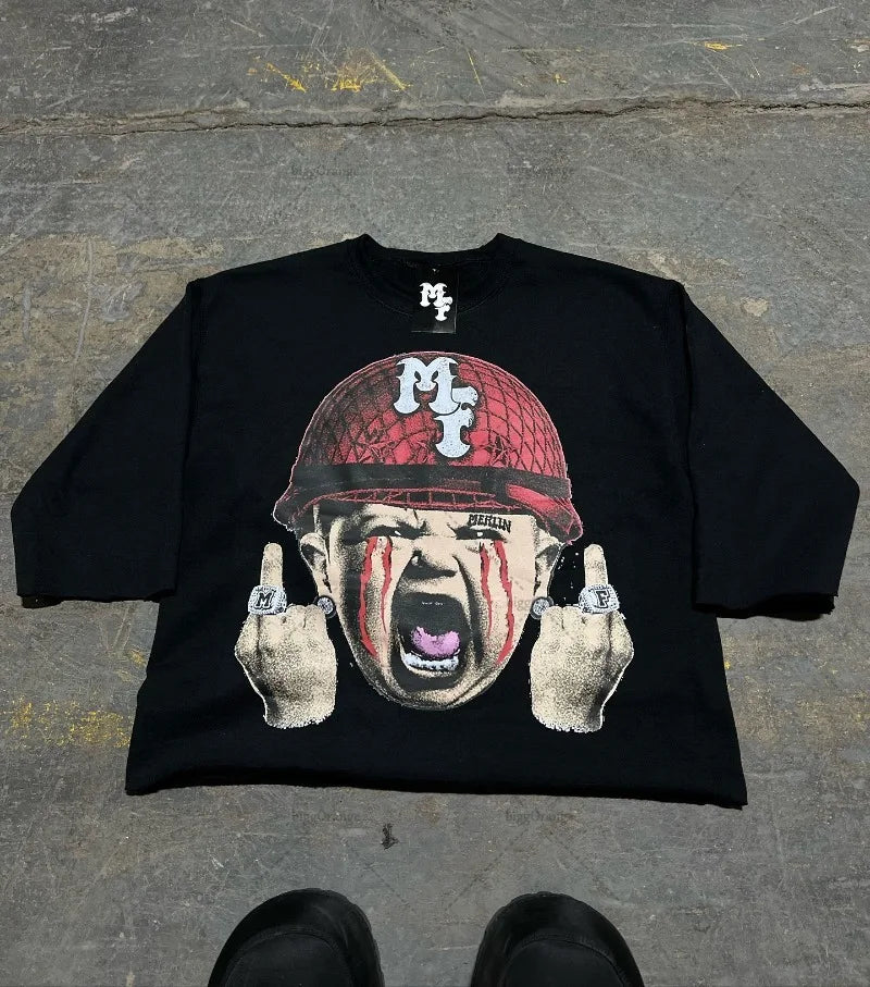American Retro Oversized T-shirt Spoof Character Anime Printed Top Harajuku High Street Trendy Casual Loose Short-sleeved Men