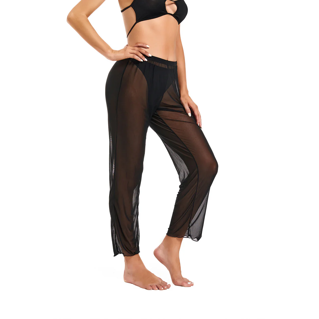 Women's Beach Long Pants See Through Swimsuit Cover Up Mesh Beachwear (No Top and Brief)