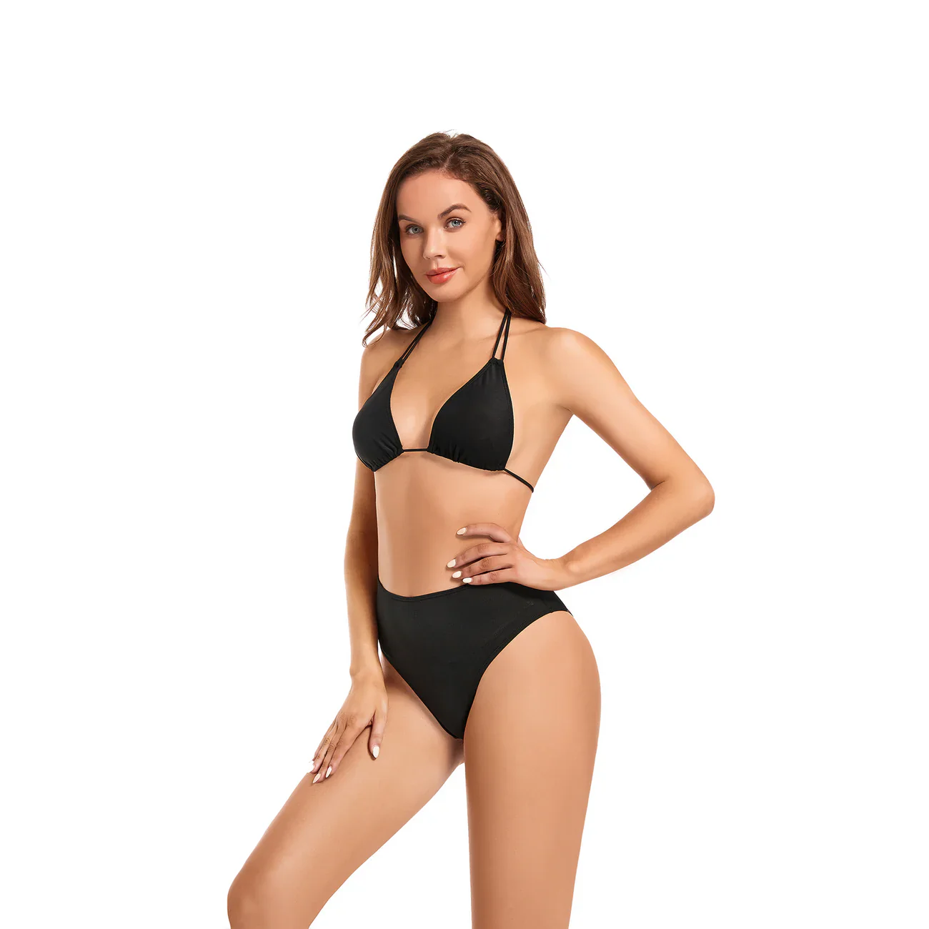 Sexy Women's Reversible Halter Triangle Tan Through Bikini Swimwear Black