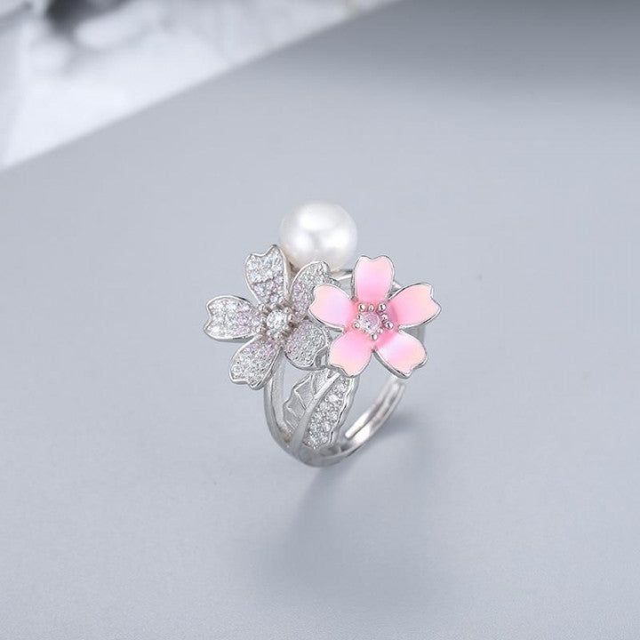 Double flower pearl ring