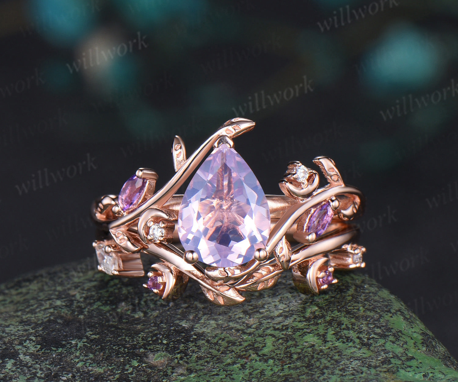 Vintage pear shaped Lavender Amethyst engagement ring rose gold nature inspired leaf moon moissanite wedding bridal ring set women