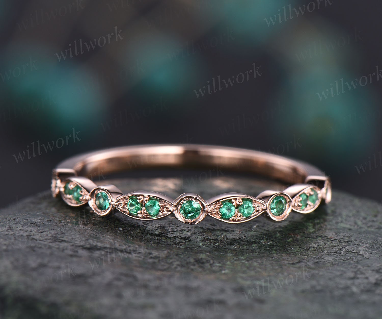 Natural emerald ring vintage art deco half eternity natural emerald wedding band for women solid 14k rose gold ring emerald jewelry gift