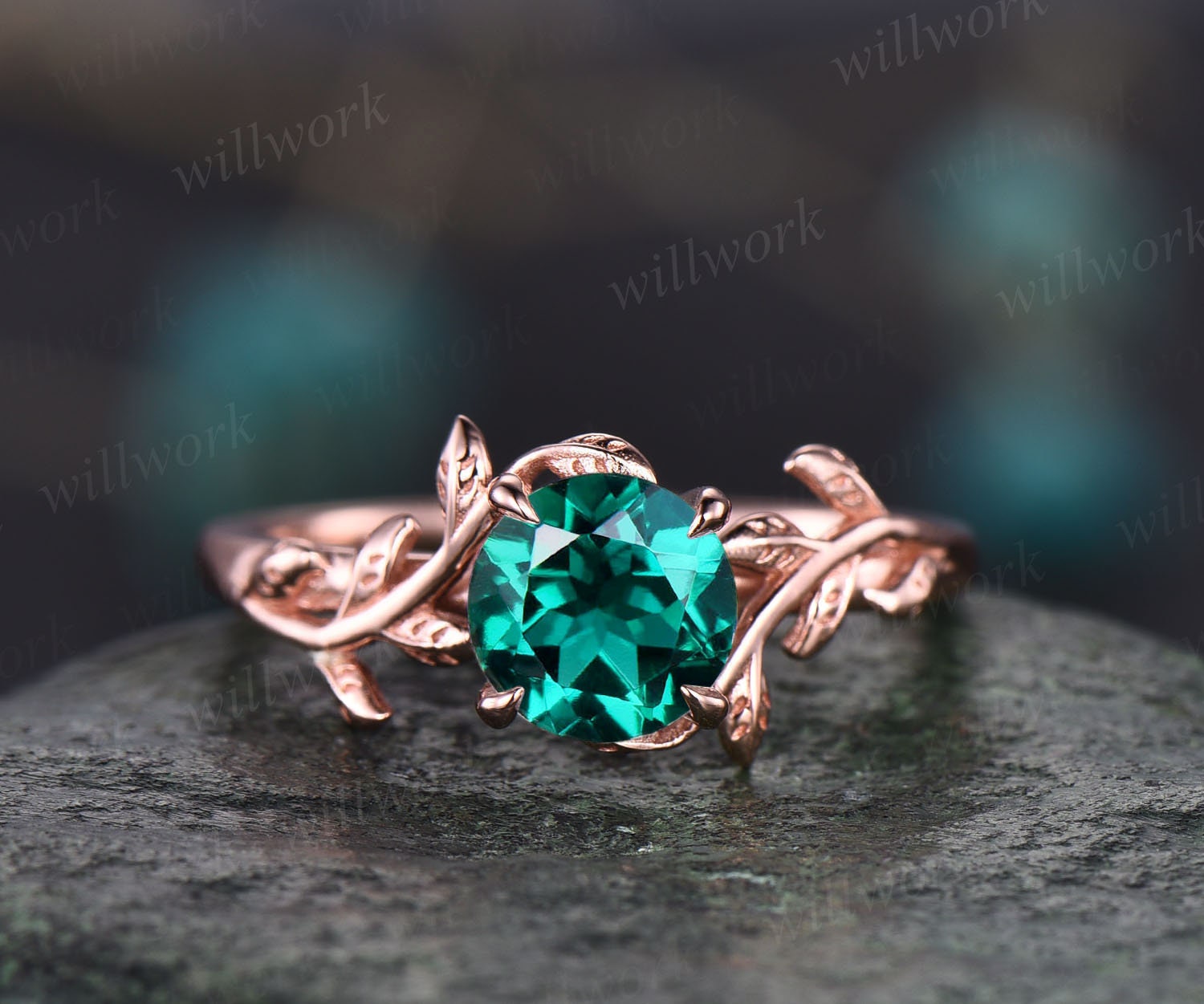 Emerald ring vintage emerald engagement ring rose gold solitaire ring art deco leaf flower ring unique antique wedding promise ring for her