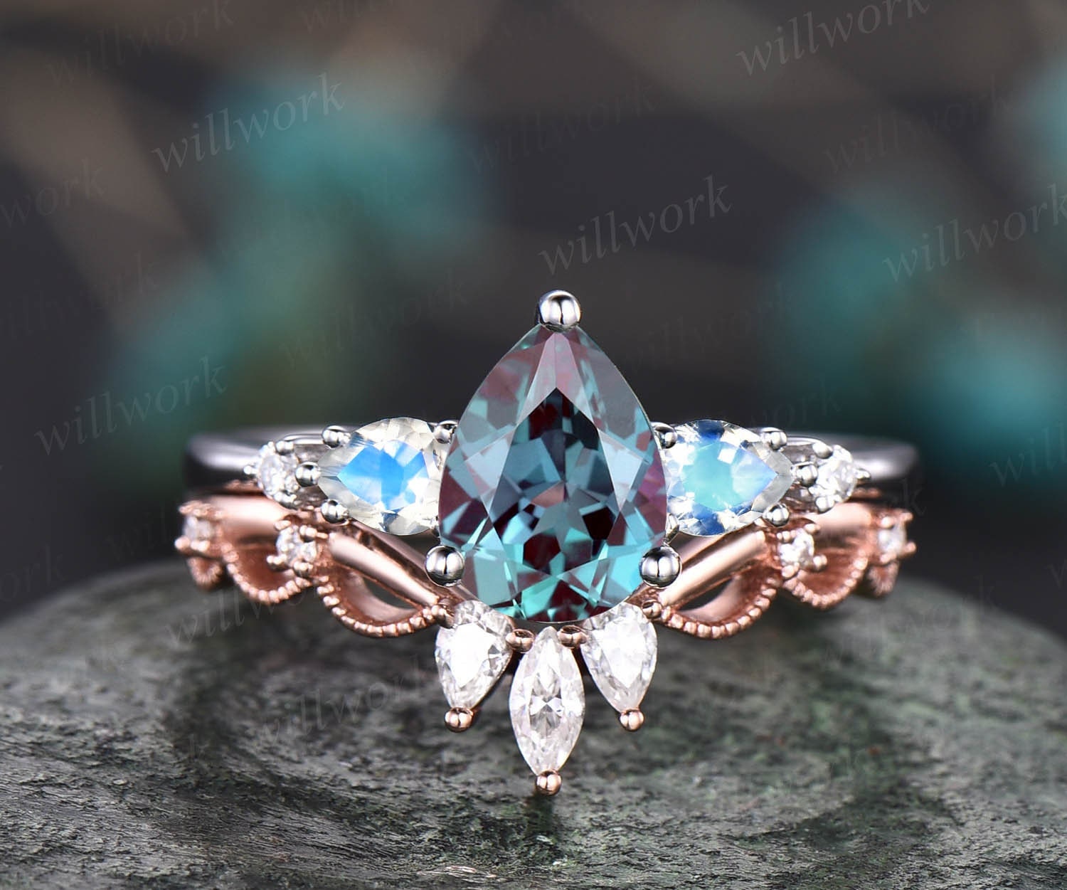 Pear shaped moonstone Alexandrite engagement ring set vintage minimalist unique engagement ring antique crown moissanite ring gold for women