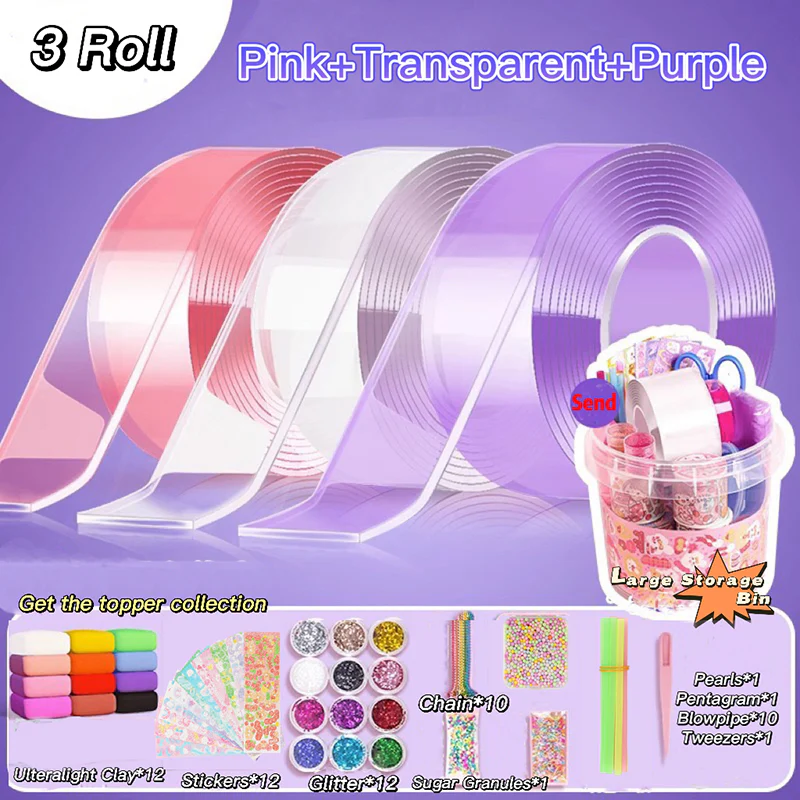 3 Rolls of Nano Tape (pink + clear + purple) + storage pail + top material kit