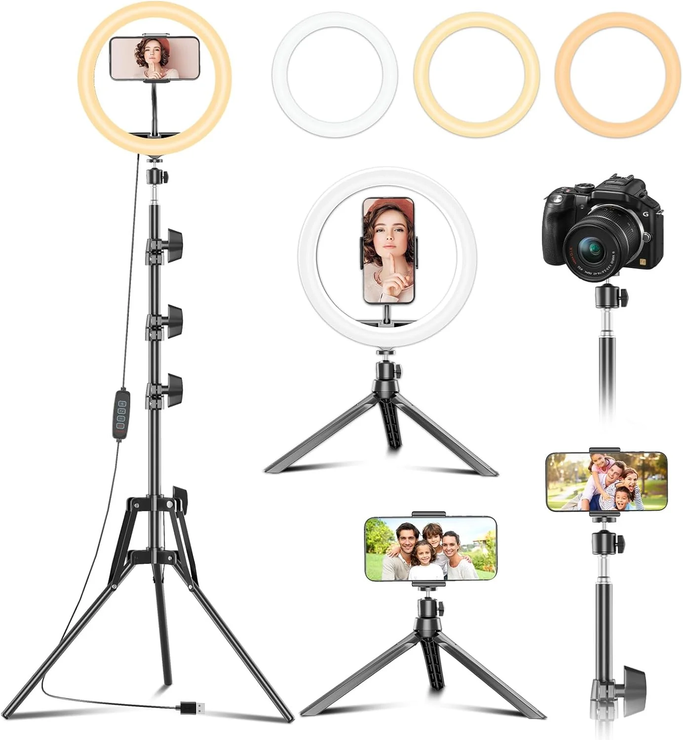 PEYOU 12" Selfie Ring Light with 60" Adjustable Tripod Stand & Mini Desktop Tripod & 2 Phone Holder