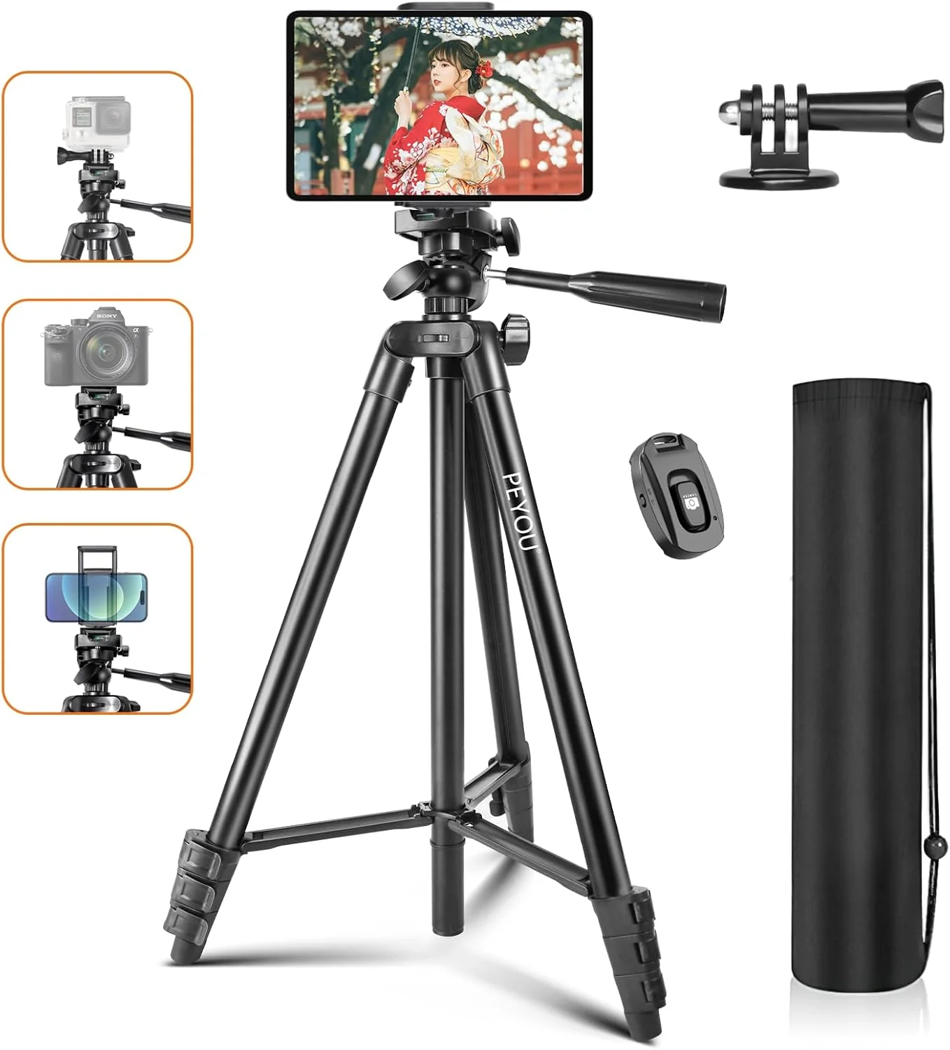 PEYOU 60" Phone Tripod with Carry Bag, Extendable Cell Phone Tripod with Bluetooth Remote and Phone Tablet Mount, Portable Phone Tripod Stand for iPhone iPad GoPro Camera