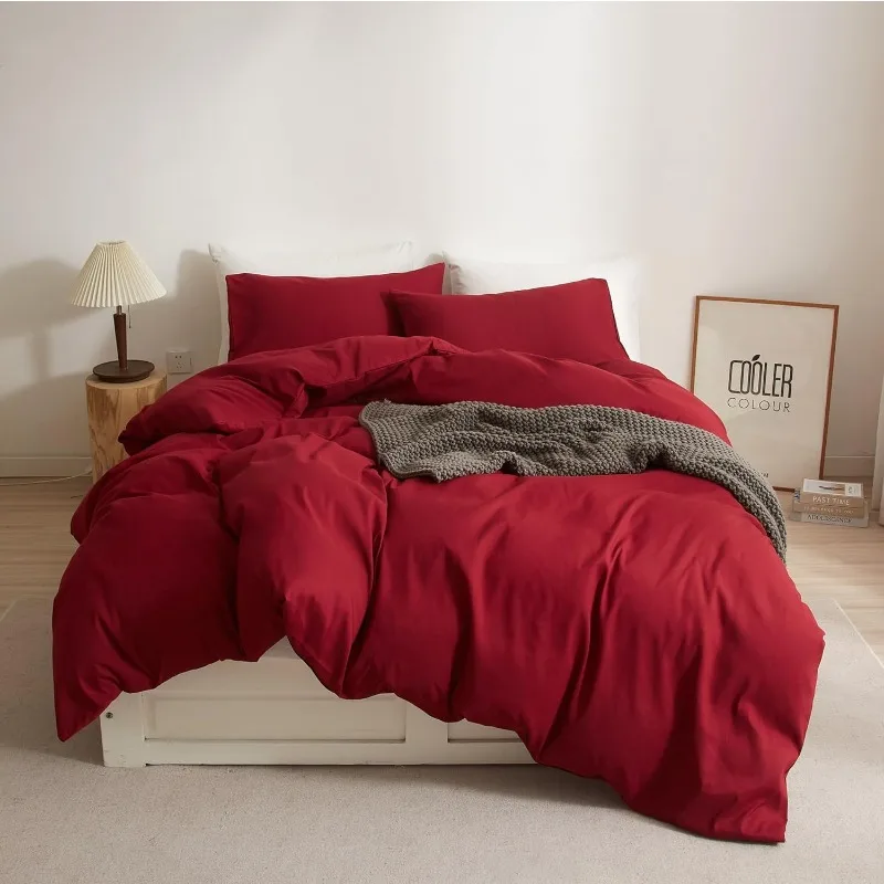 Full/Queen 3pc Solid Modern Burgundy Bedding Duvet Cover Set