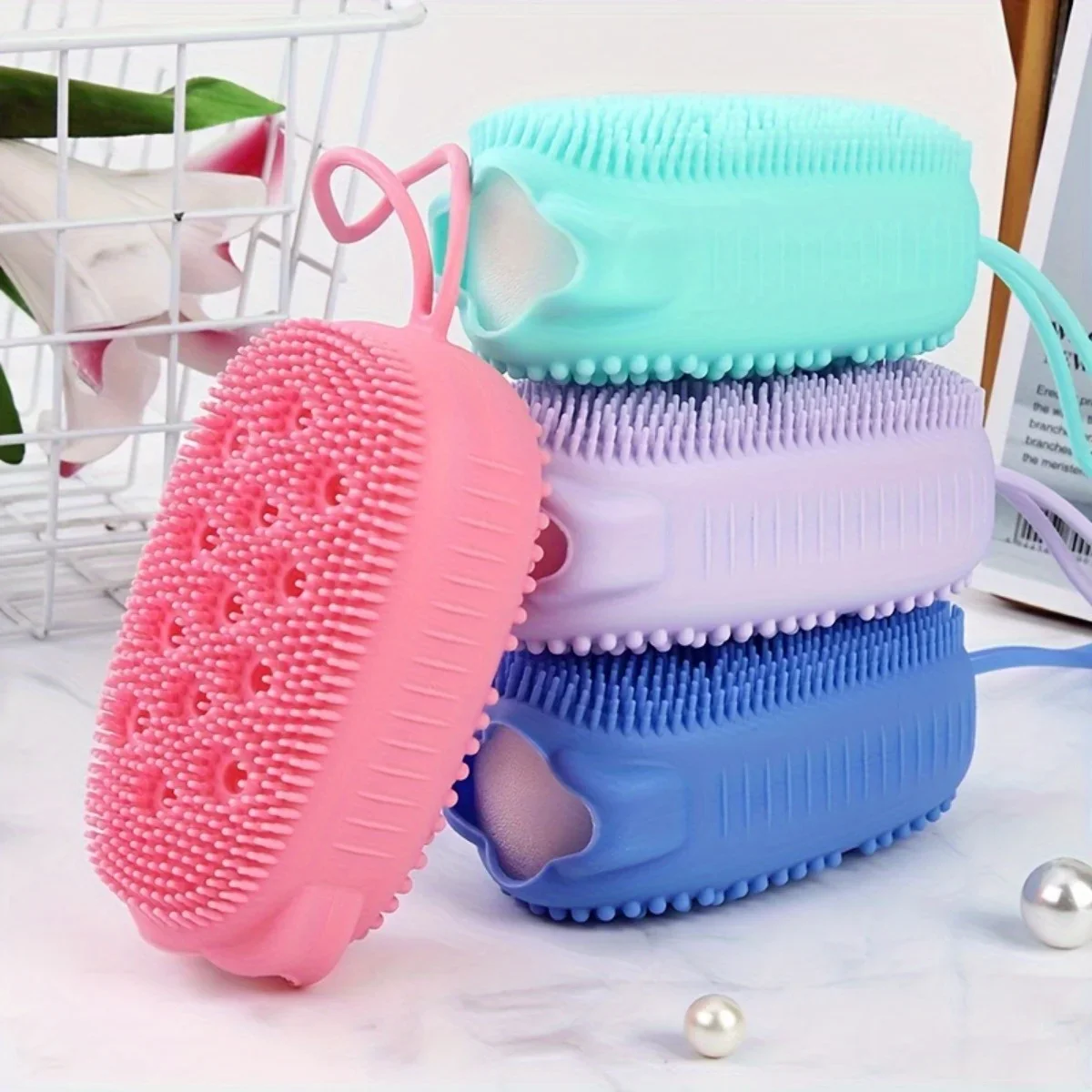 Double-Sided Silicone Bath Brush For Deep Exfoliation And Thorough Skin Cleansing - buf puf body sponge , exfoliating scrub