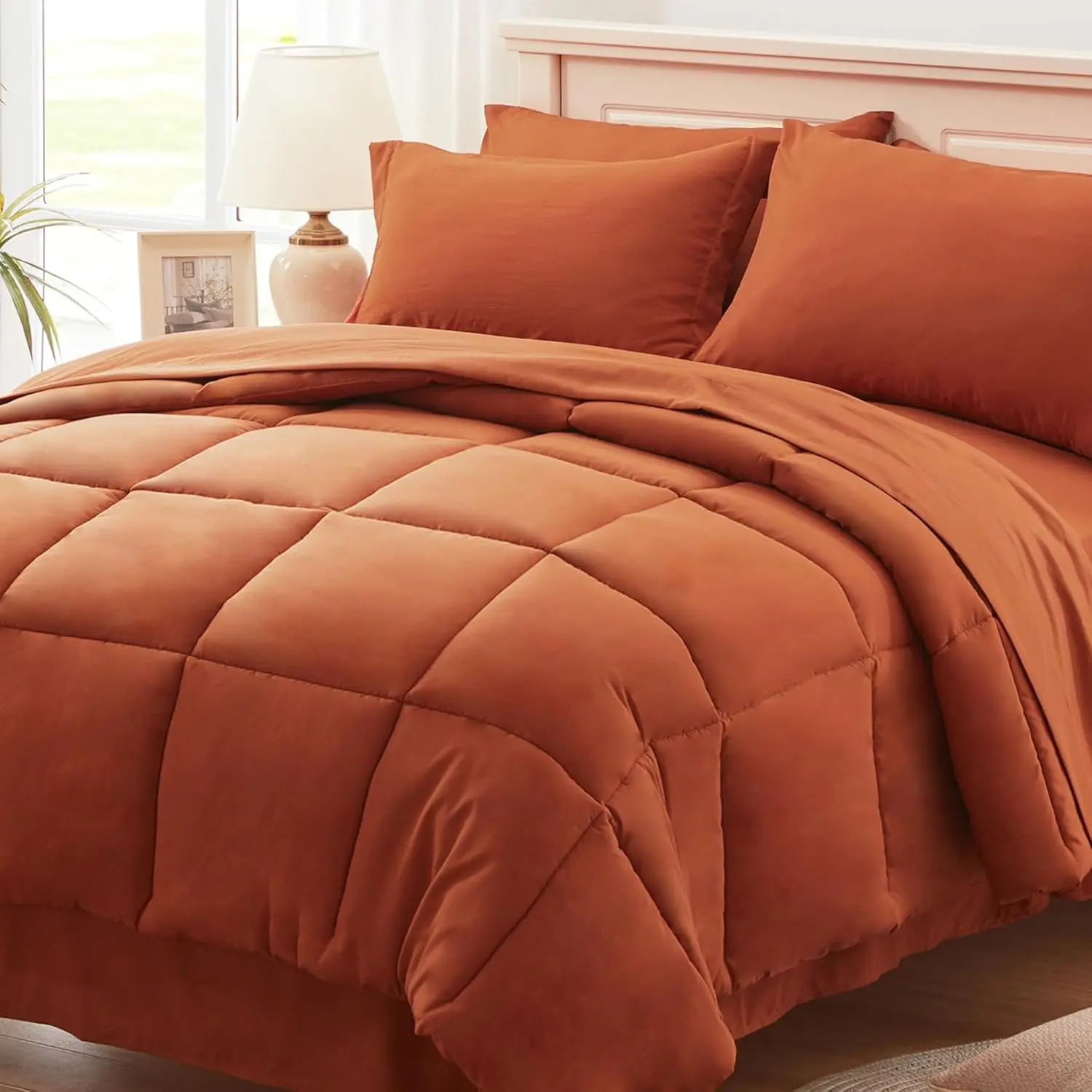 Queen Comforter Set of 7 Pieces, Burnt Orange Bed in a Bag with Sheets, All Season Terracotta Bedding Comforter Sets