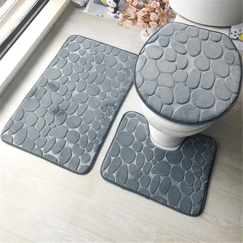 3-Piece Bathroom Mat Set – Soft, Non-Slip Cobblestone Design, Includes Absorbent Bath Rug, Shower Carpet, and Toilet Lid Cover , non slip bathroom mat , bathroom accessories