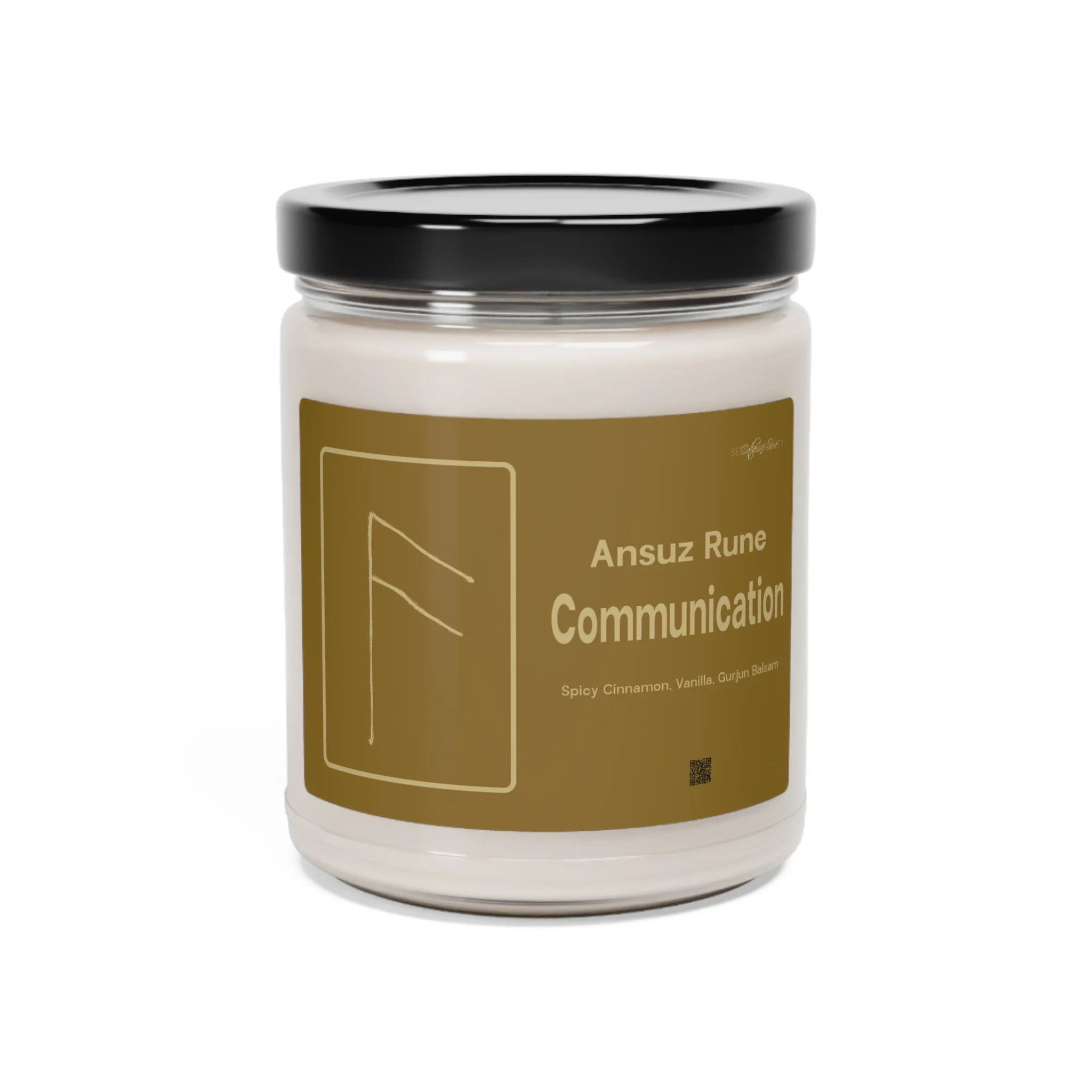 Cinnamon-Vanilla Scented Soy Candle with Ansuz Rune for Communication