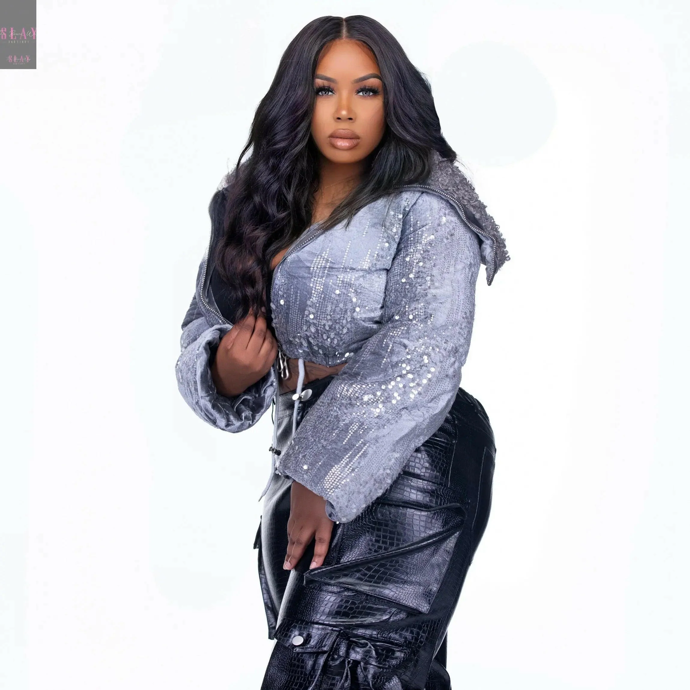 Slay Tweed Navy Collar Sequined Loose Long Sleeves