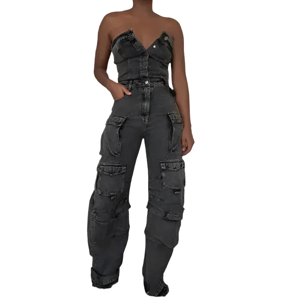 Urban Edge Strapless Jean Cargo Jumpsuit