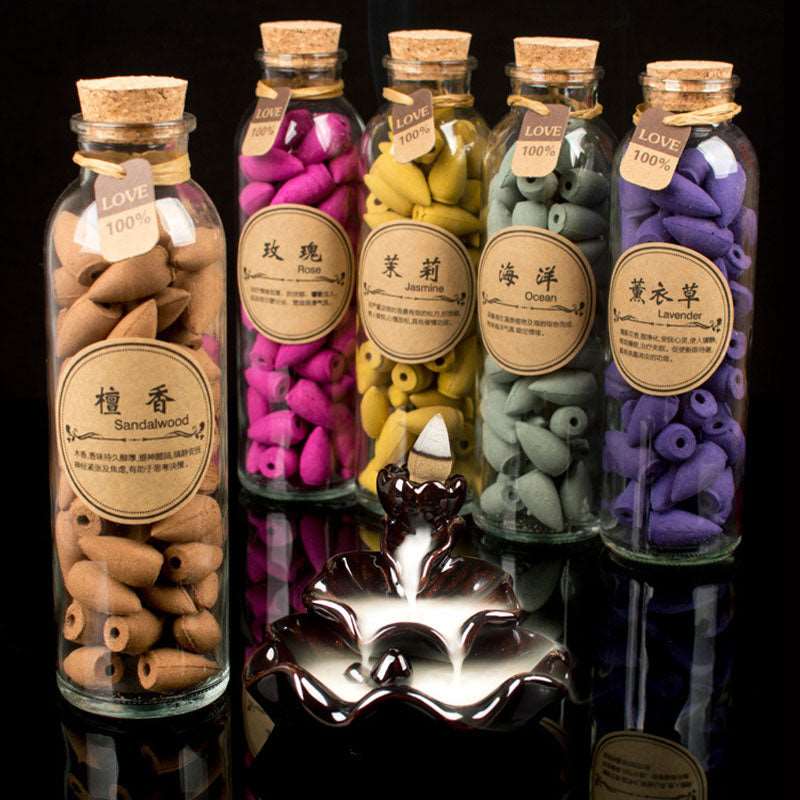 70Pcs Glass Bottle Package Flavor Can Choose Natural Smoke Backflow Incense Cones Hollow Cone Incense Sandalwood