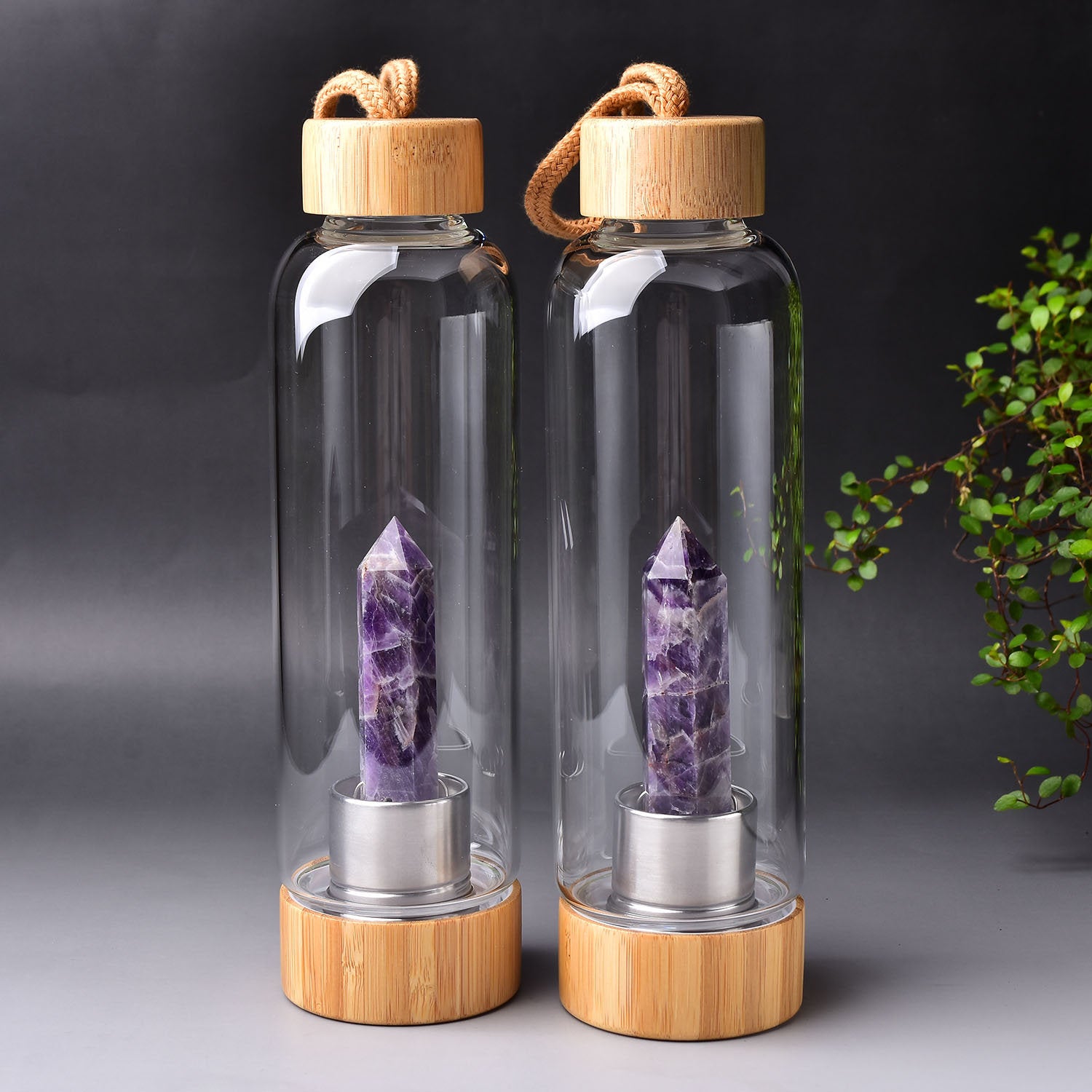 Natural Energized Point Reiki Gemstone Rose Quartz Amethyst Hand-made Energy Wooden Crystal Healing Water Bottle With Protection Case Gift