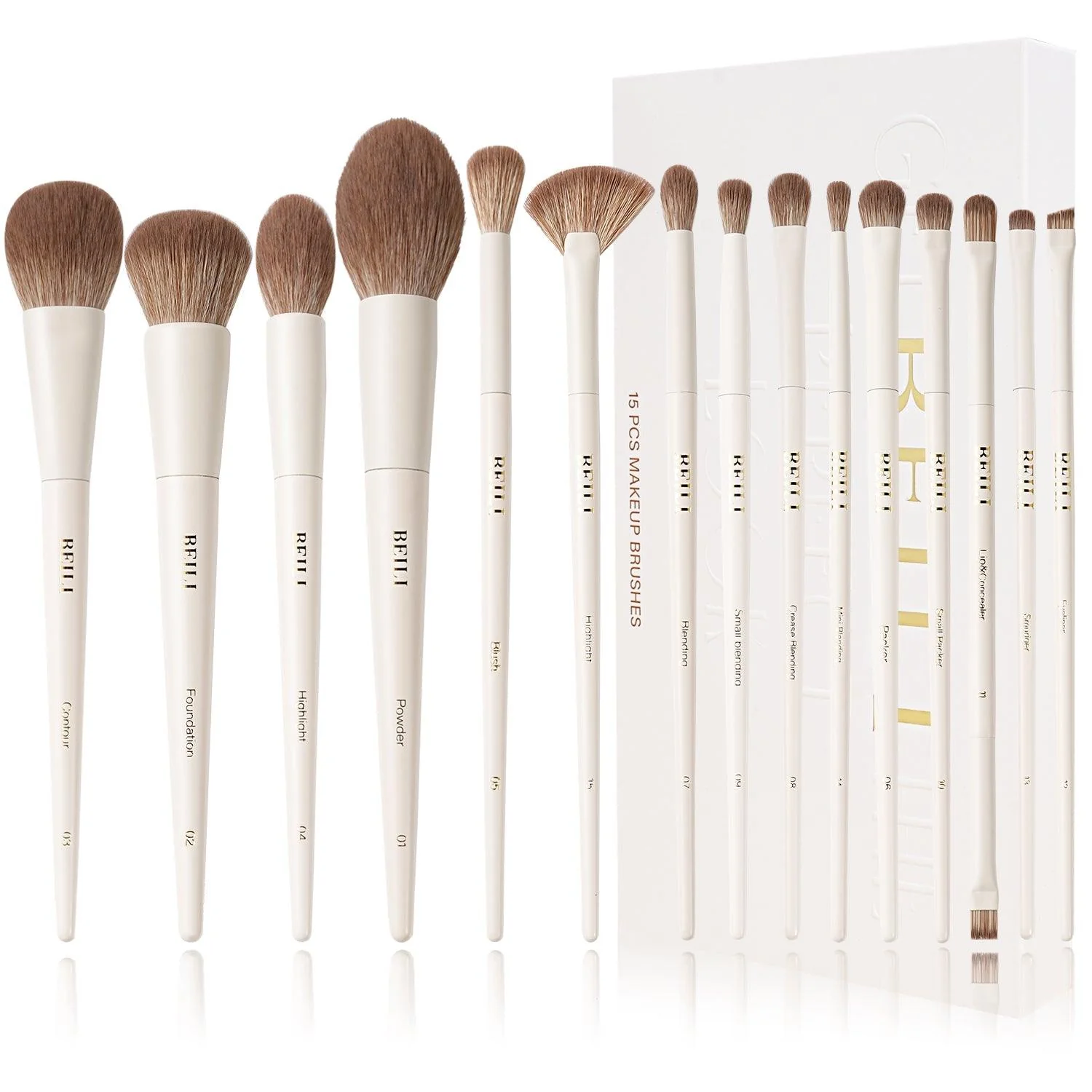 BEILI 15pcs Elegant Beige Face and Eye Makeup Brush Set A15