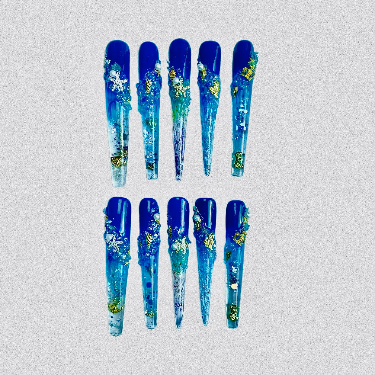 Atlantis Water World rhinestone nail art 10 pieces& tape&nail files,  long pointed nails, pressed &birthday &holiday nails, vacation set nail art