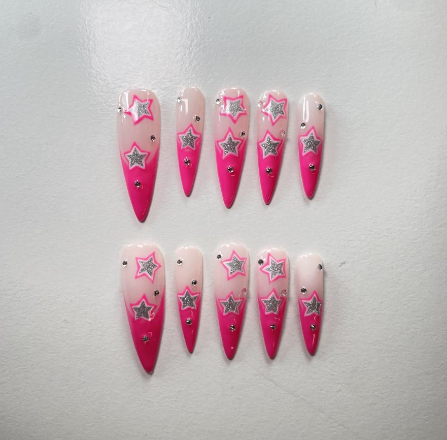 Byskire  Pink Starry Sky Salon Quality nail art 10 pieces&5 free gifts including tape&nail files,long pointed&pressed&birthday &holidaynails&vacation set