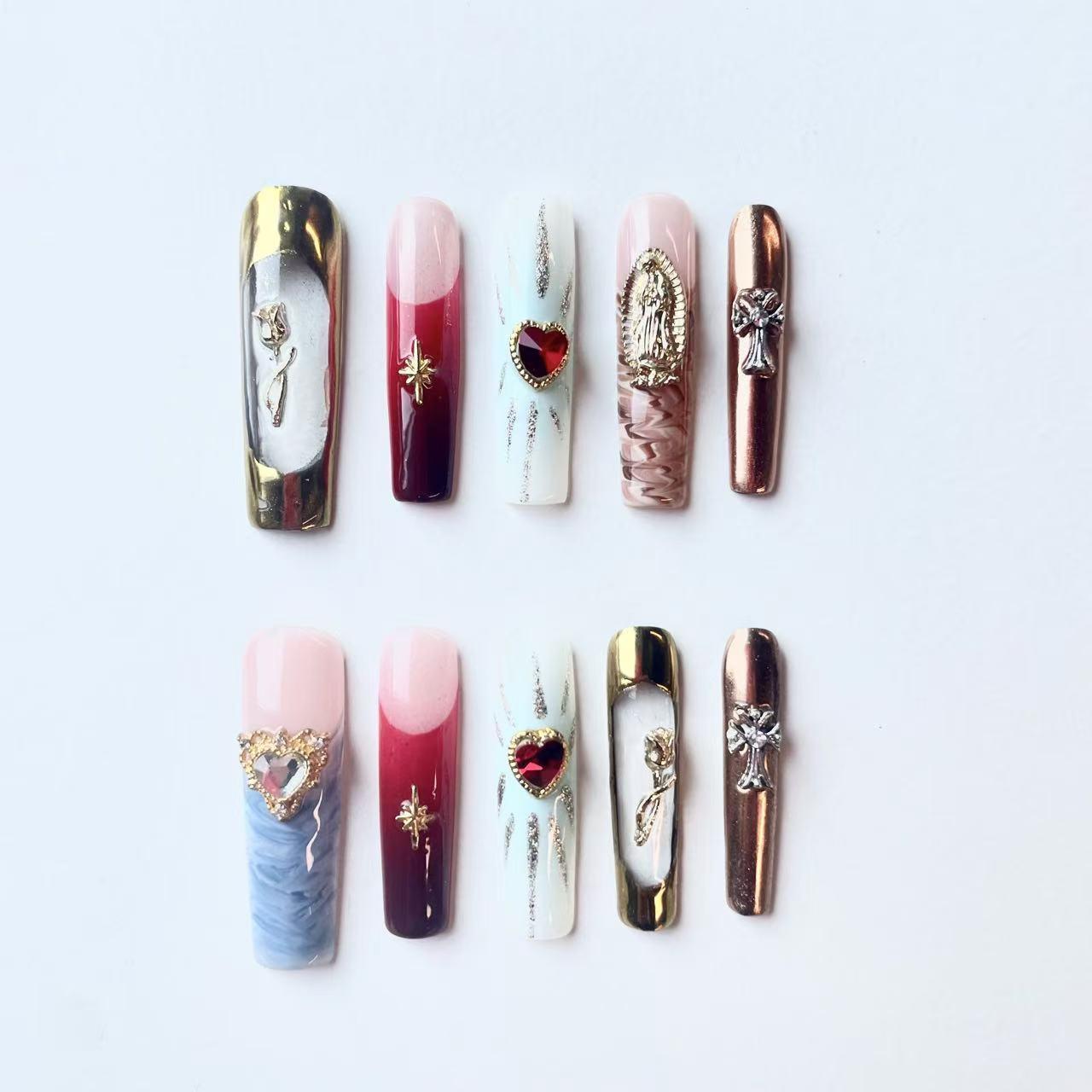 Versailles Salon Quality nail art 10 pieces&5 free gifts including tape&nail files,long pointed,、pressed、birthday 、holidaynails，vacation set