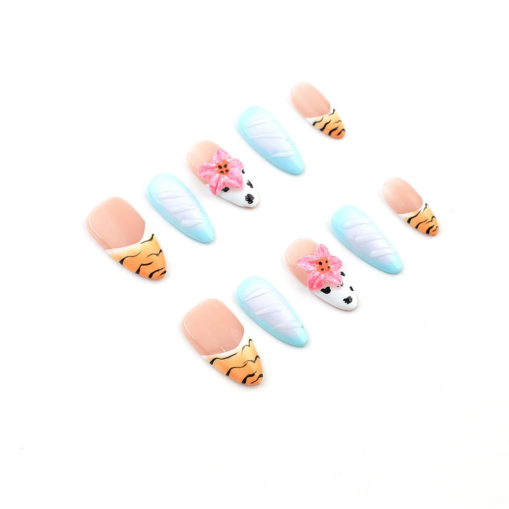 Byskire Summer Beach Chicnails 3Dnails Handmade Press On Nails , Short Length Womannails Girlynails , Weddingnails、Almond Partynails、Dailynails、Festivenails , Salon Quality Nail Art 10 Pieces&5 Gifts Including Tape&Nail Files, USA