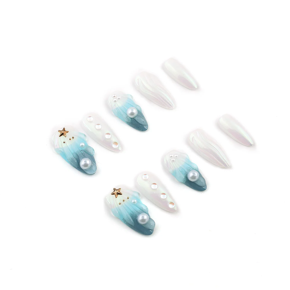 Byskire  Little Mermaid Chicnails 3Dnails Handmade Press On Nails , Medium Length Womannails Girlynails , Weddingnails、Almond Partynails、Dailynails、Festivenails , Salon Quality Nail Art 10 Pieces&5 Gifts Including Tape&Nail Files, USA