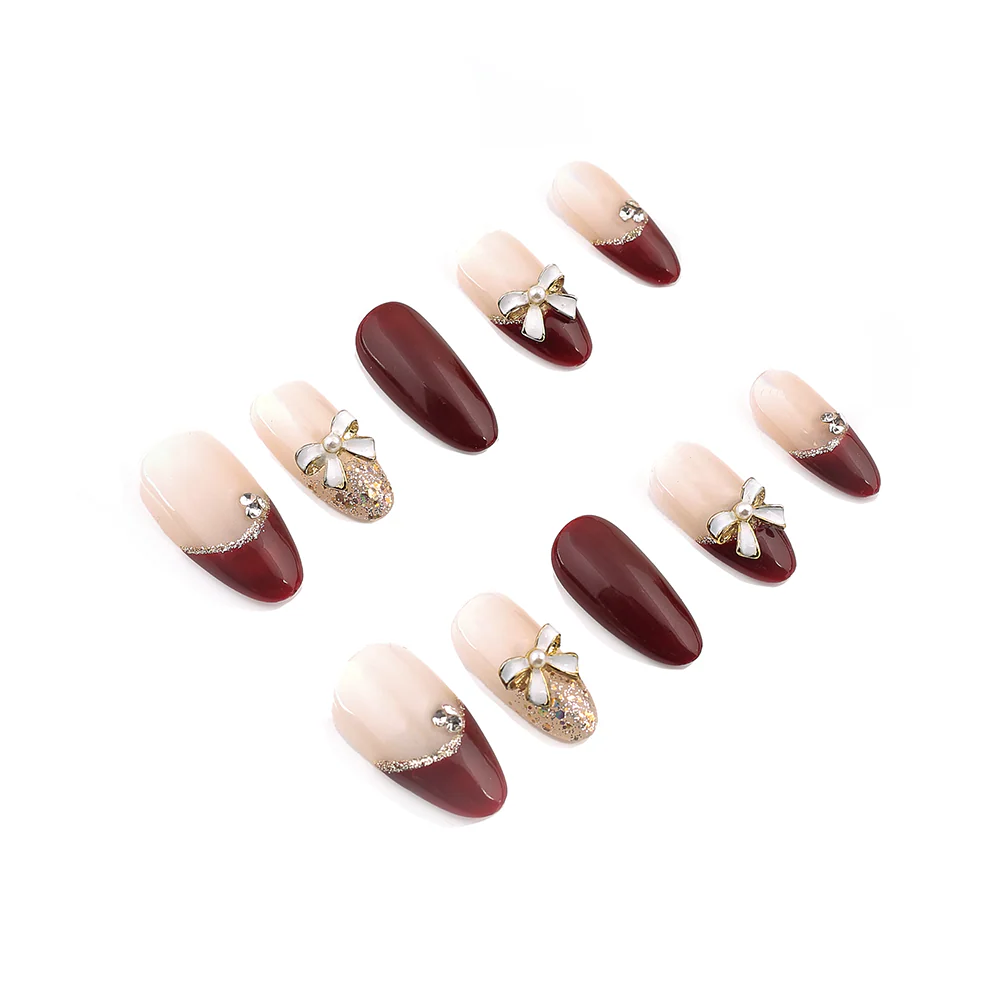 Byskire Burgundy French Chicnails 3Danails Handmade Press On Nails , Short Length Womannails Girlynails , Weddingnails、Almond Partynails、Dailynails、Festivenails , Salon Quality Nail Art 10 Pieces&5 Gifts Including Tape&Nail Files, USA