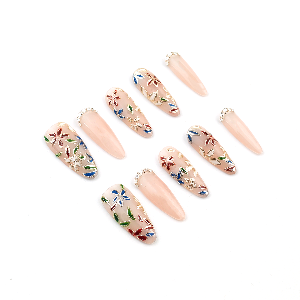 Byskire Flowers Procelain Reusablenails Handmade Press On Nails , Medium Length Womannails Girlynails , Weddingnails、Stiletto Partynails、Dailynails、Festivenails , Salon Quality Nail Art 10 Pieces&5 Gifts Including Tape&Nail Files, USA