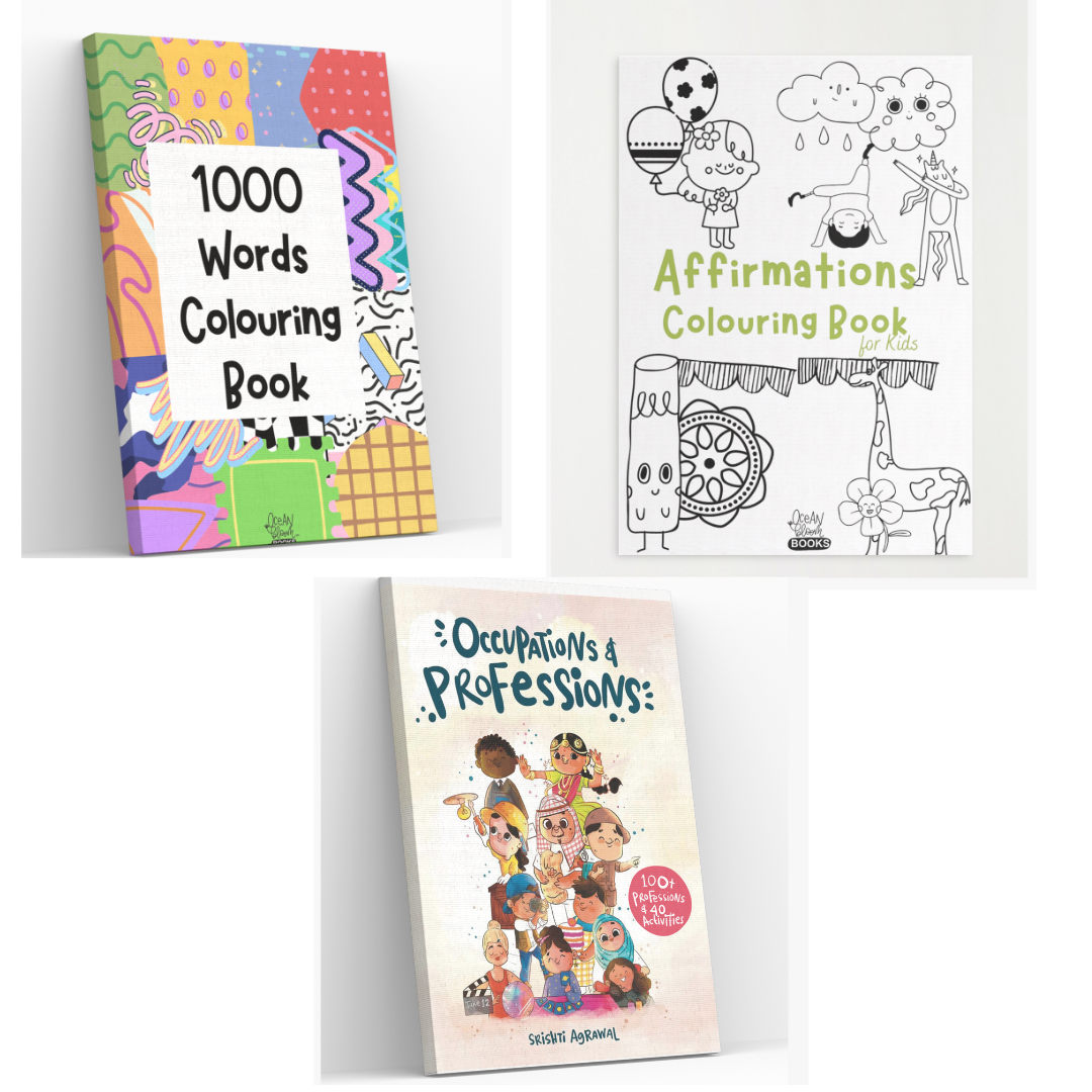 1000 Words + Affirmations Kids Colouring Book + Occupations and Professions