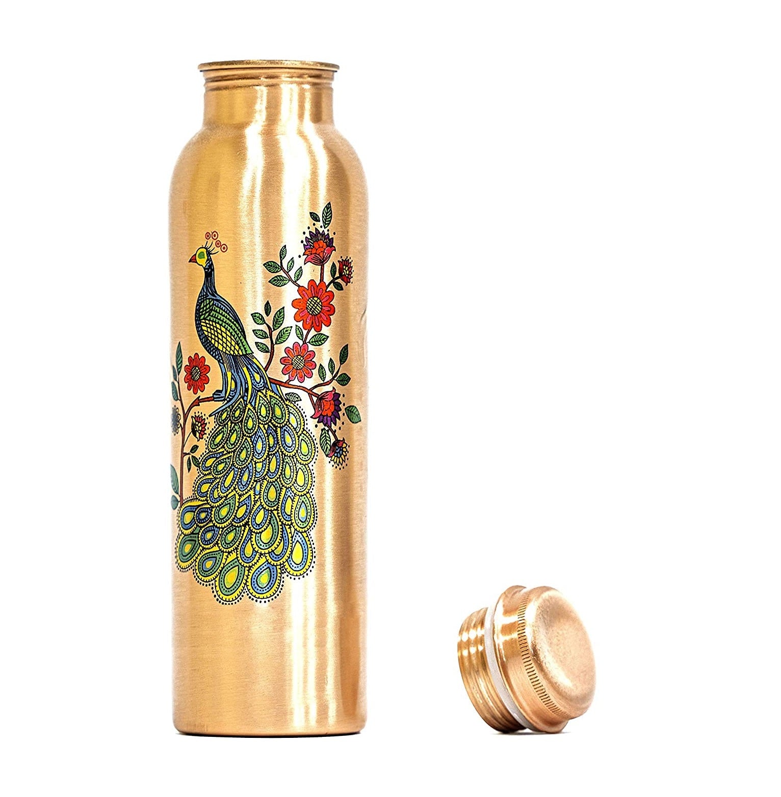 Peacock Printed Pure Copper Water Bottle -1 Liter