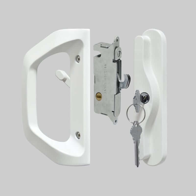 EASILOK A10-Basic Sliding Glass Door Handle Set with Key Cylinder and Mortise Lock, Patio Door Lock Replacement, Fits 3-15/16''Screw Hole Spacing, Matte White