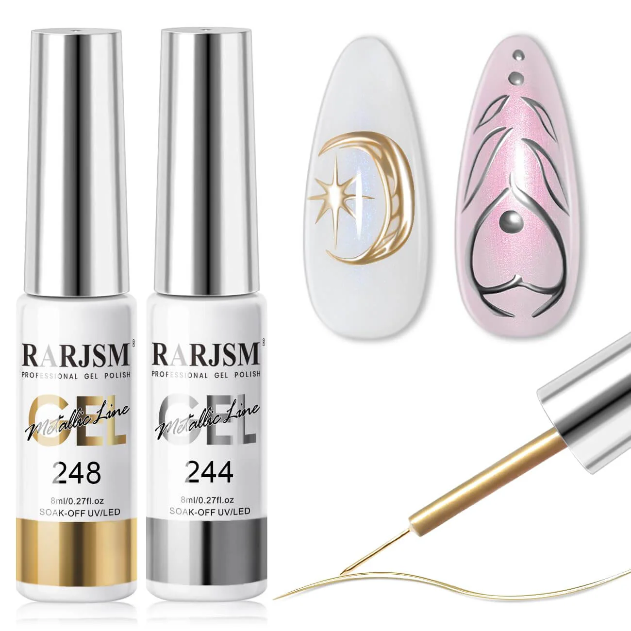Bronze Gold & Sliver Mirror Chrome Metallic Nail Art Gel Liner Set 8ml