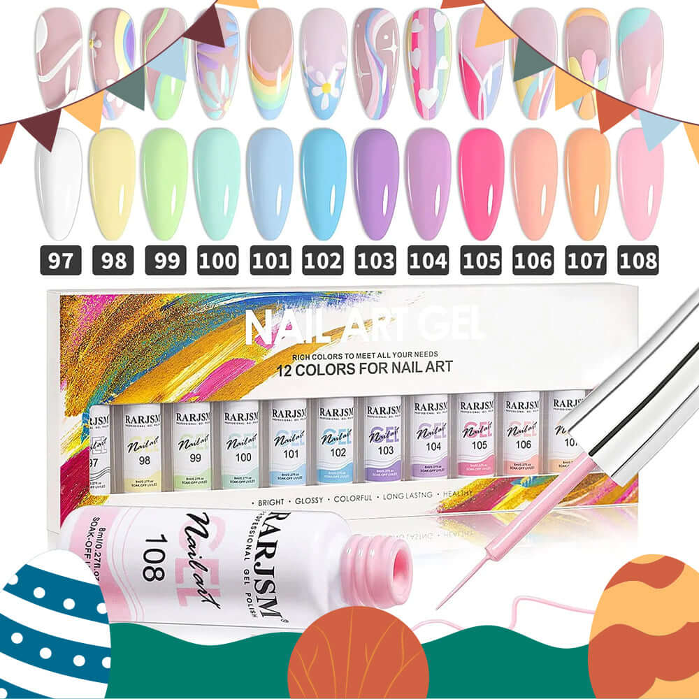RARJSM ® Nail Art Gel Liner | Spring Summer Collection|12 Colors Pastel Color Painting Nail Gel Polish Set｜8ml 12pcs